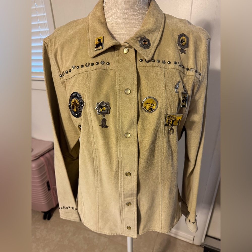 Double D Ranch Beige Suede Pearl Snap Jacket with American Movie Pins